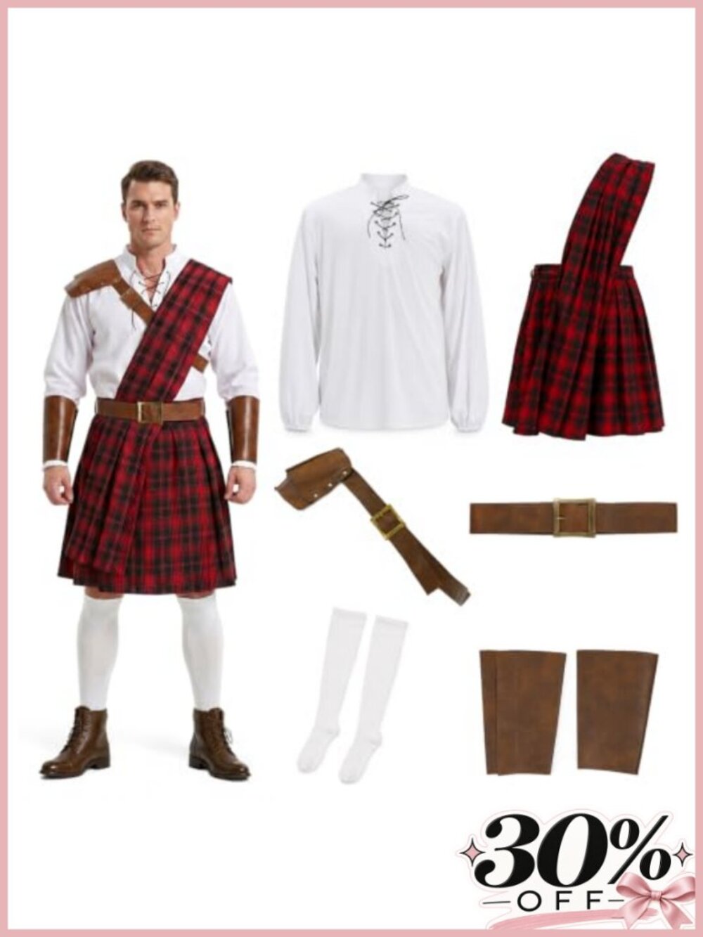 Men's Scottish Warrior Costume Kilt Outfit Halloween Cosplay
